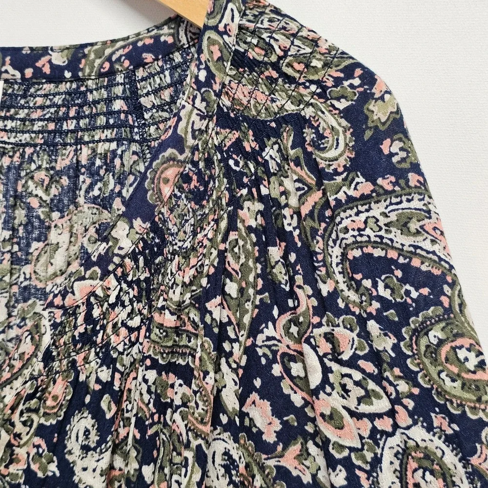 Westport Peasant Top 1X Womens Navy Paisley Smocked Tie Sleeve Button Front Boho
